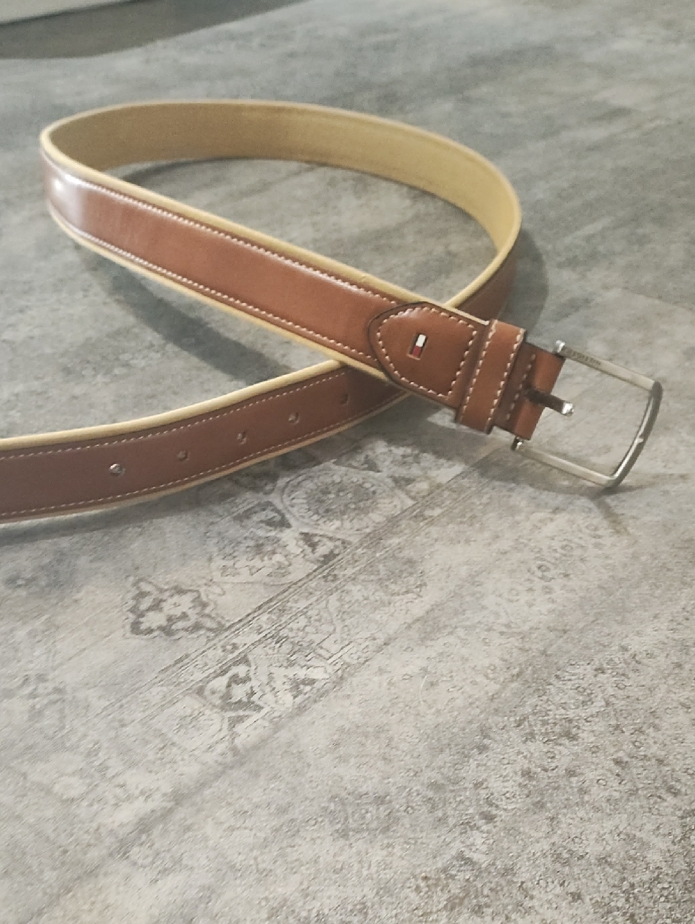 Tommy Hilfiger Two Tone Brown Leather Belt with Silver Buckle